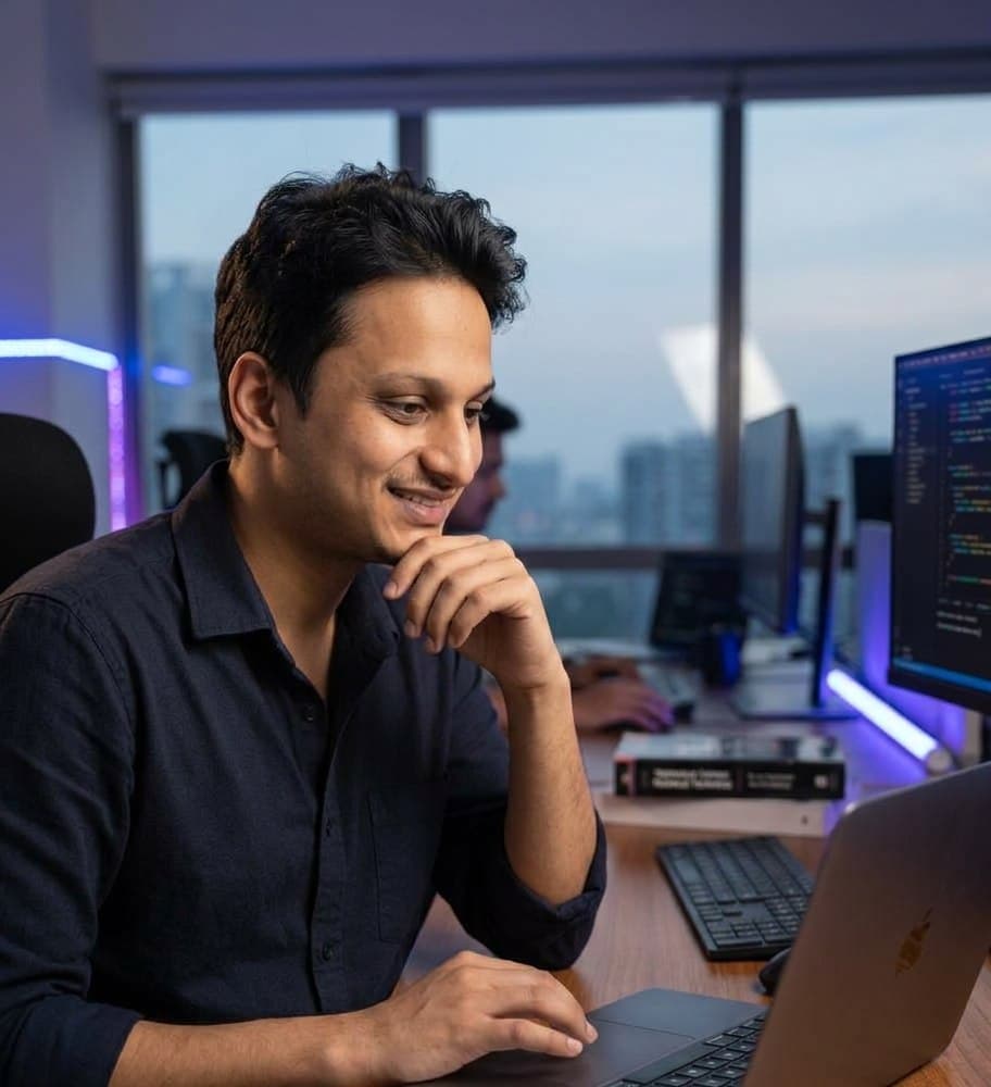 Shubham at his desk, smiling at his laptop
