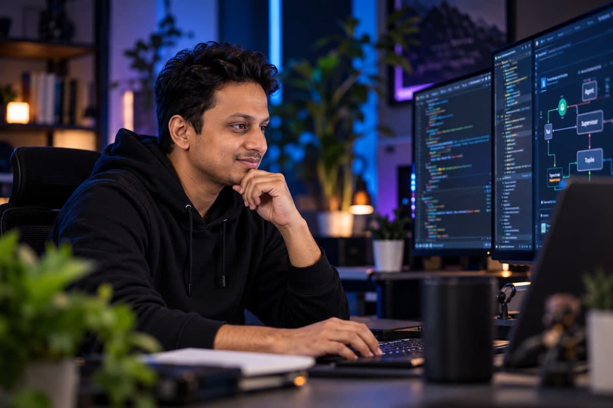 Shubham at his monitors, mid-build