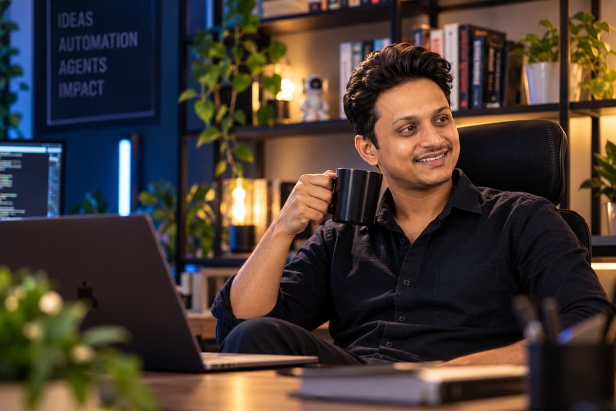 Shubham with a coffee at his desk